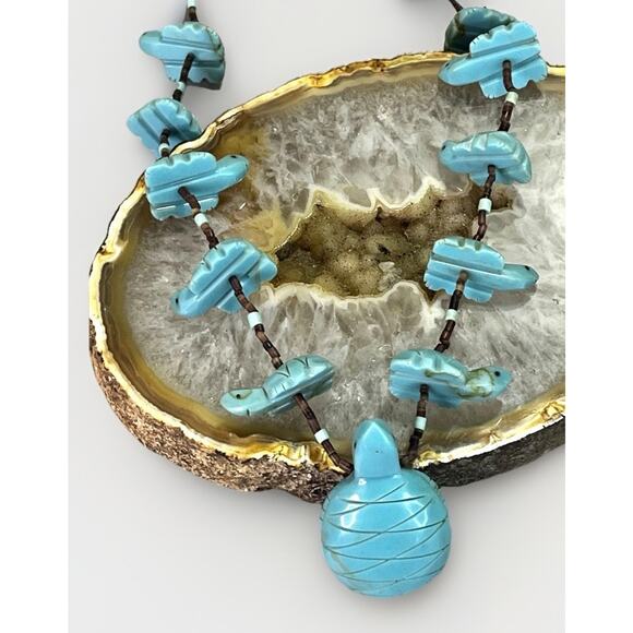 Native American Zuni Turquoise Turtle Multi Animal Fetish Heishi Shell Necklace - Picture 3 of 14